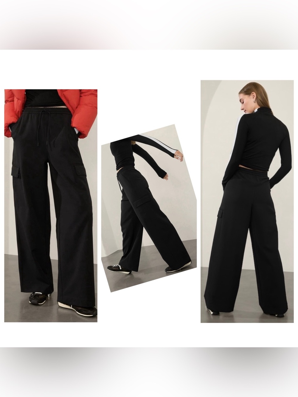 Athleta Promenade Cargo Pant Wide Leg PrimaStretch Black Tall L NWT